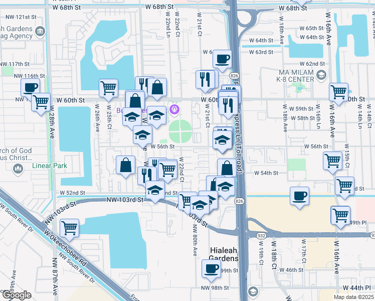 map of restaurants, bars, coffee shops, grocery stores, and more near 5565 West 22nd Court in Hialeah