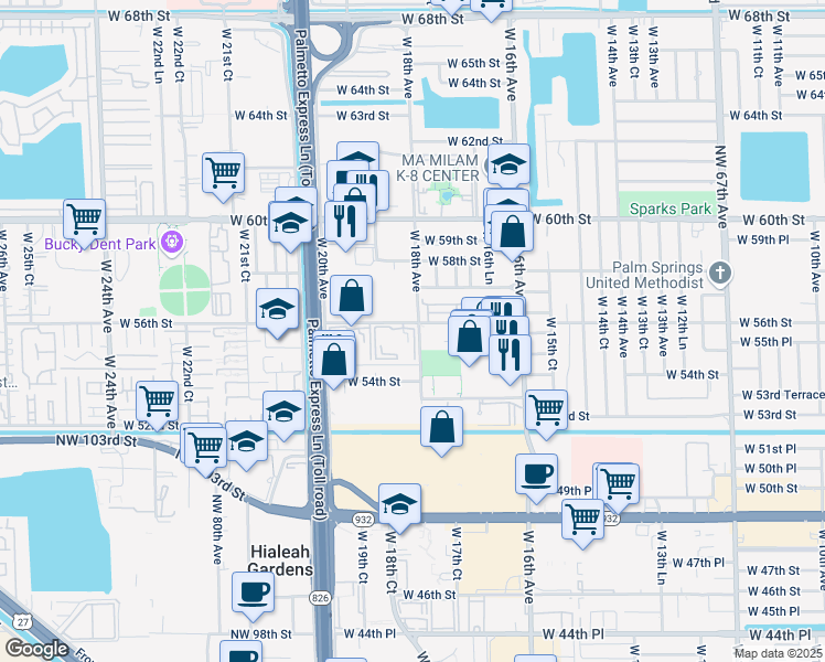 map of restaurants, bars, coffee shops, grocery stores, and more near 5634 West 17th Lane in Hialeah