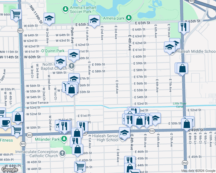 map of restaurants, bars, coffee shops, grocery stores, and more near 221 East 56th Street in Hialeah