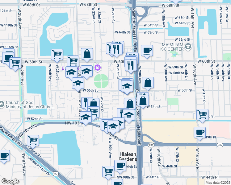 map of restaurants, bars, coffee shops, grocery stores, and more near 2190 West 60th Street in Hialeah