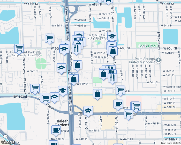 map of restaurants, bars, coffee shops, grocery stores, and more near 5634 West 17th Lane in Hialeah
