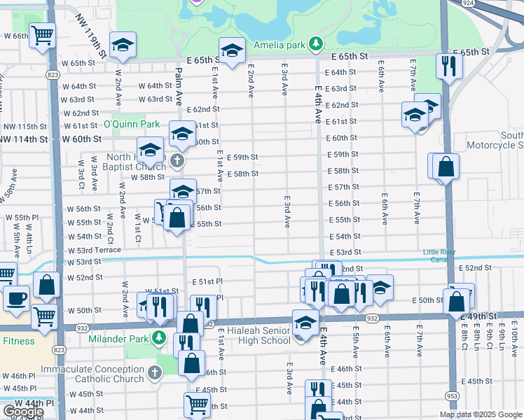 map of restaurants, bars, coffee shops, grocery stores, and more near 221 East 56th Street in Hialeah