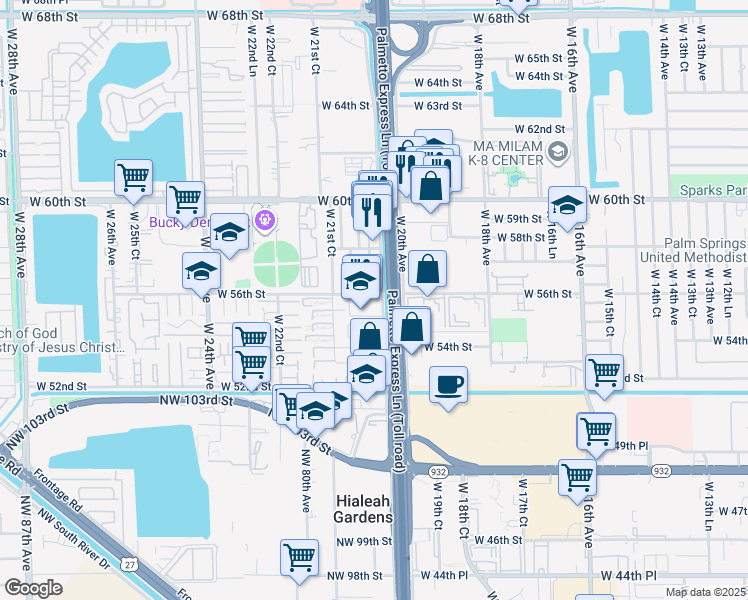 map of restaurants, bars, coffee shops, grocery stores, and more near 5611 West 20th Court in Hialeah