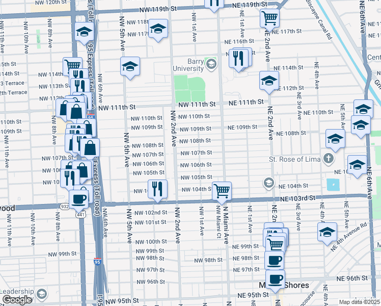 map of restaurants, bars, coffee shops, grocery stores, and more near 113 Northwest 107th Street in Miami Shores