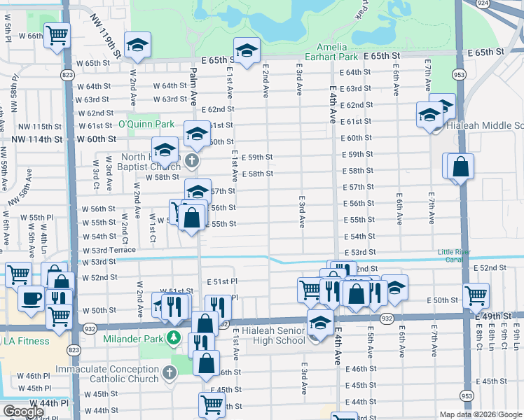 map of restaurants, bars, coffee shops, grocery stores, and more near 186 East 56th Street in Hialeah