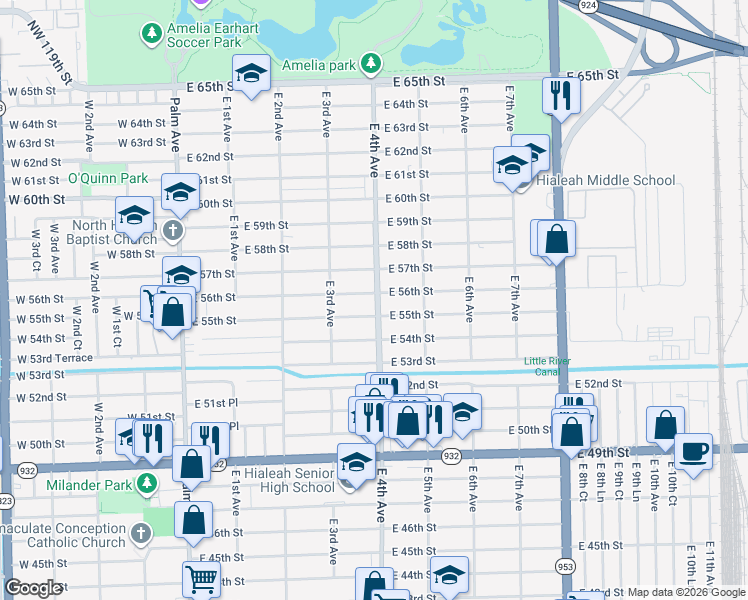 map of restaurants, bars, coffee shops, grocery stores, and more near 391 East 56th Street in Hialeah