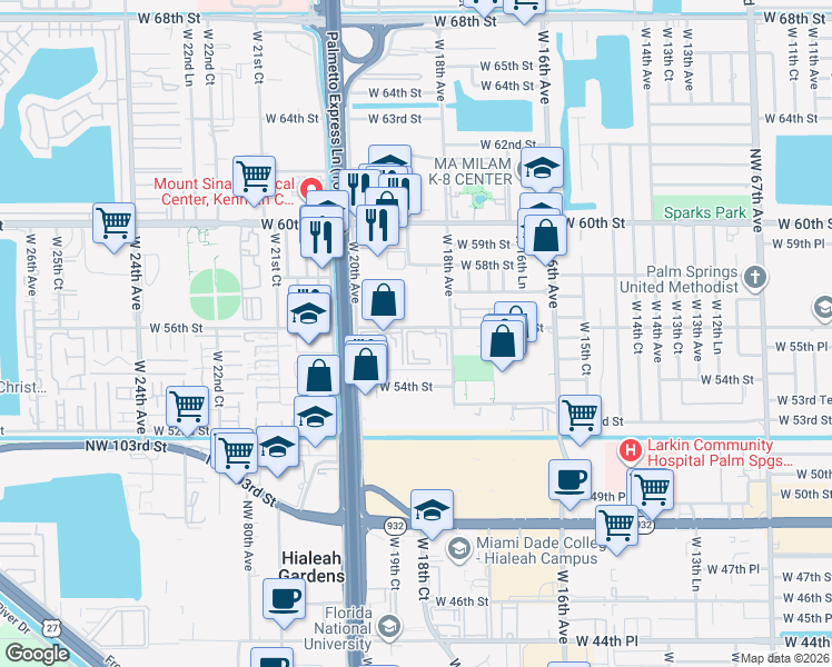 map of restaurants, bars, coffee shops, grocery stores, and more near 1875 West 56th Street in Hialeah