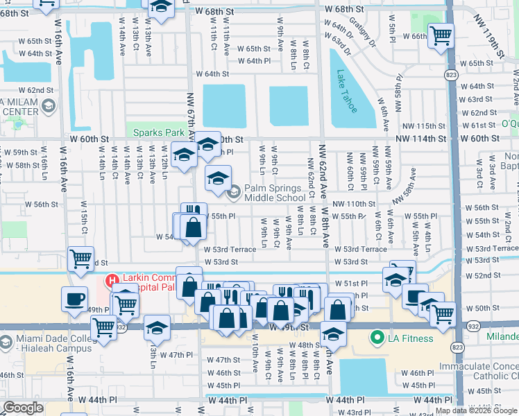 map of restaurants, bars, coffee shops, grocery stores, and more near 5601 West 9th Lane in Hialeah