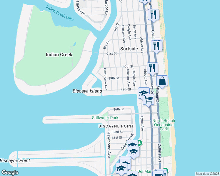 map of restaurants, bars, coffee shops, grocery stores, and more near 8830 Garland Avenue in Surfside