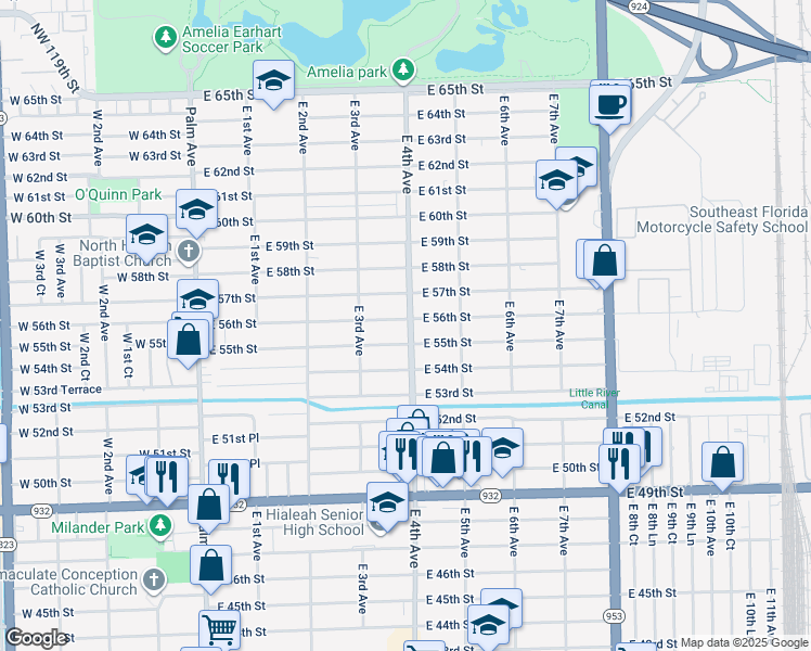 map of restaurants, bars, coffee shops, grocery stores, and more near 391 East 56th Street in Hialeah