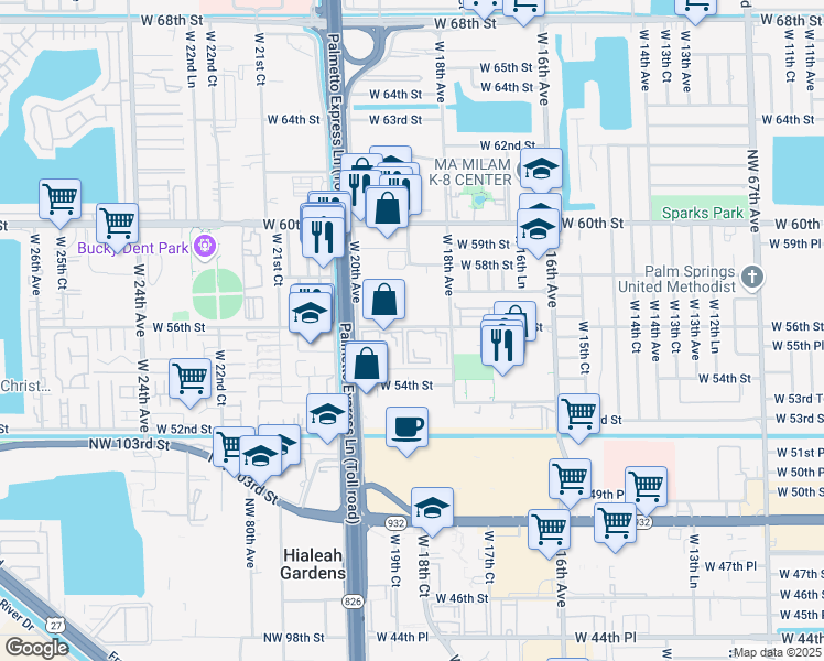 map of restaurants, bars, coffee shops, grocery stores, and more near 1875 West 56th Street in Hialeah