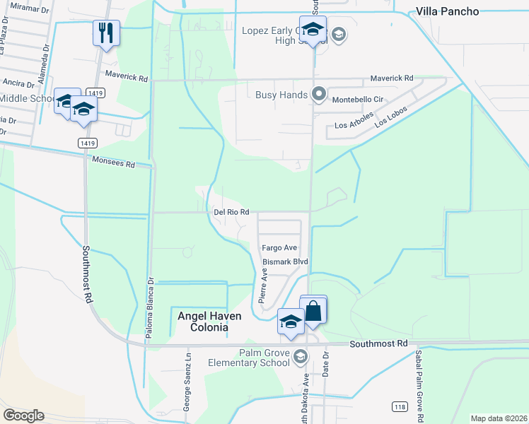 map of restaurants, bars, coffee shops, grocery stores, and more near 6004 Del Rio Road in Brownsville