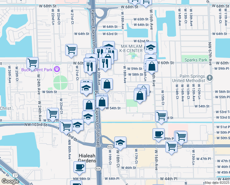 map of restaurants, bars, coffee shops, grocery stores, and more near 1875 West 56th Street in Hialeah