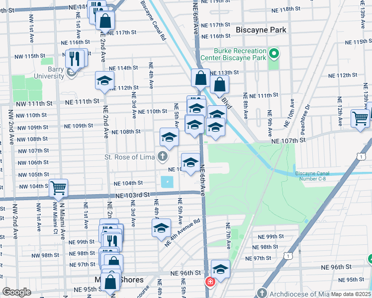 map of restaurants, bars, coffee shops, grocery stores, and more near 530 Northeast 107th Street in Miami