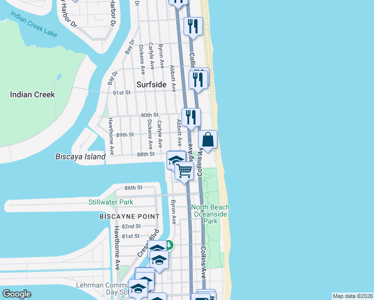 map of restaurants, bars, coffee shops, grocery stores, and more near 8810 Florida A1A in Surfside