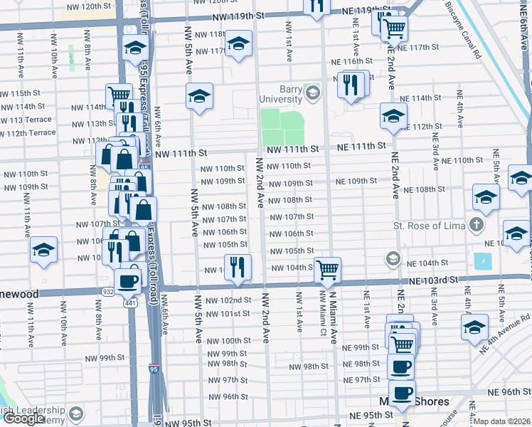 map of restaurants, bars, coffee shops, grocery stores, and more near 185 Northwest 107th Street in Miami Shores