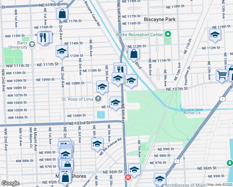 map of restaurants, bars, coffee shops, grocery stores, and more near 560 Northeast 107th Street in Miami Shores