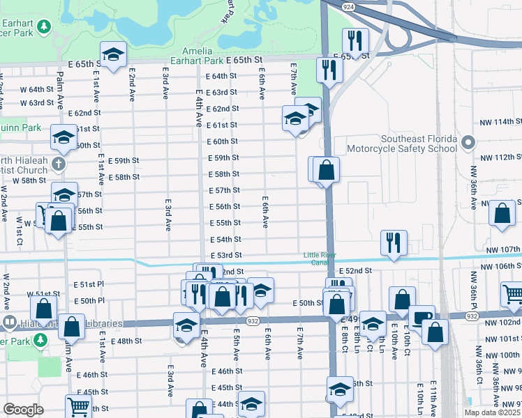map of restaurants, bars, coffee shops, grocery stores, and more near 580 East 56th Street in Hialeah
