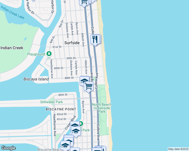 map of restaurants, bars, coffee shops, grocery stores, and more near 8810 Florida A1A in Surfside