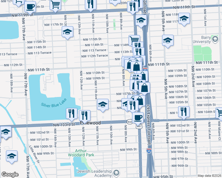 map of restaurants, bars, coffee shops, grocery stores, and more near 894 Northwest 108th Street in Miami