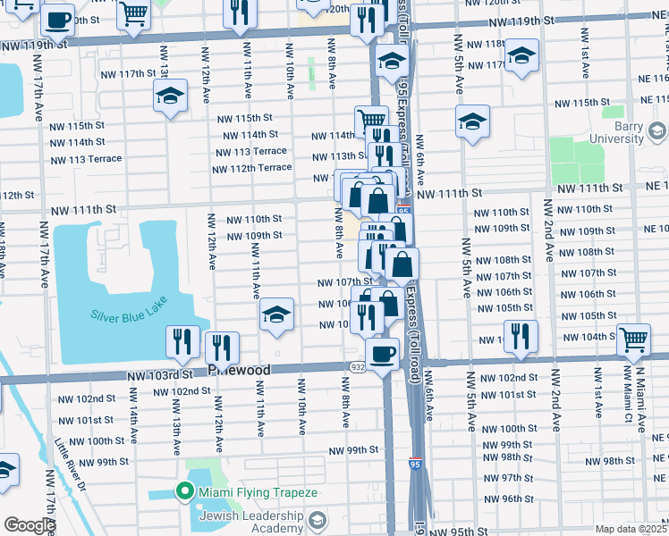 map of restaurants, bars, coffee shops, grocery stores, and more near 810 NW 108th St in Miami