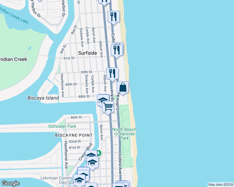 map of restaurants, bars, coffee shops, grocery stores, and more near 8777 Florida A1A in Surfside