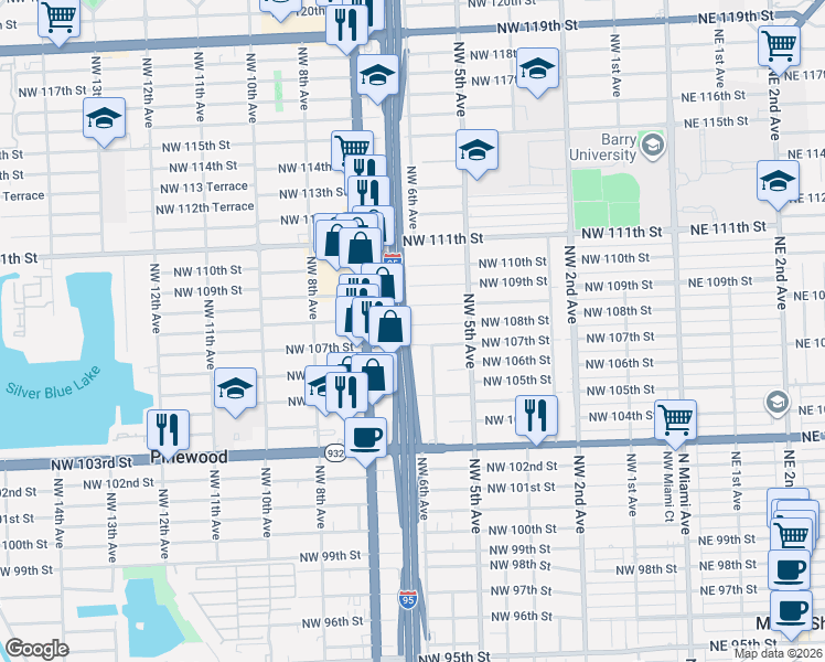 map of restaurants, bars, coffee shops, grocery stores, and more near 596 Northwest 108th Street in Miami