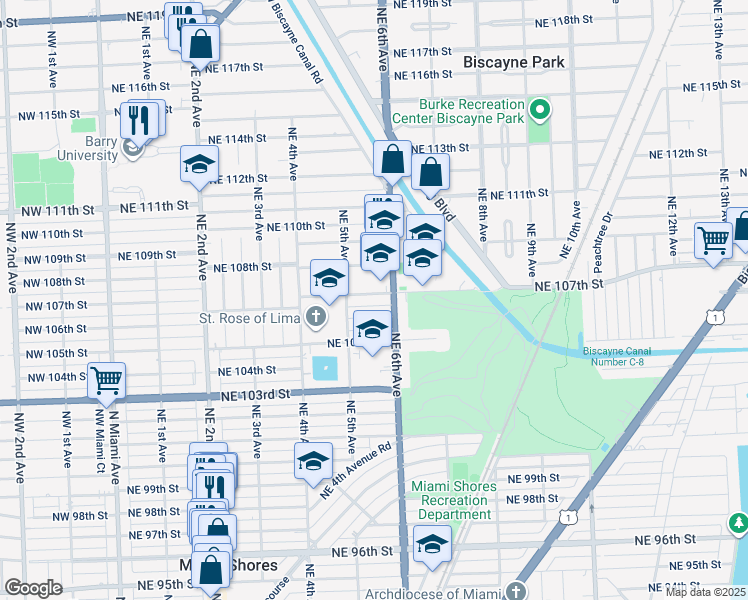 map of restaurants, bars, coffee shops, grocery stores, and more near 530 Northeast 107th Street in Miami