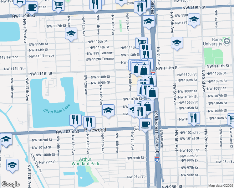 map of restaurants, bars, coffee shops, grocery stores, and more near 894 Northwest 108th Street in Miami