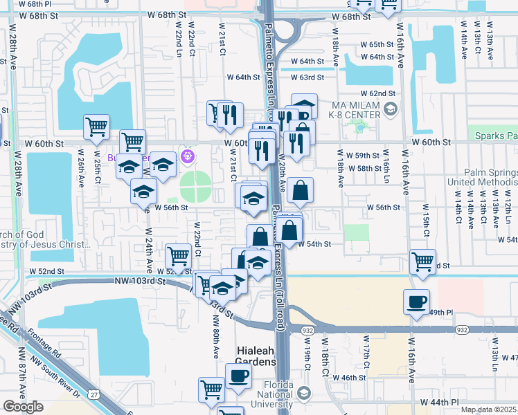 map of restaurants, bars, coffee shops, grocery stores, and more near 5601 West 21st Avenue in Hialeah