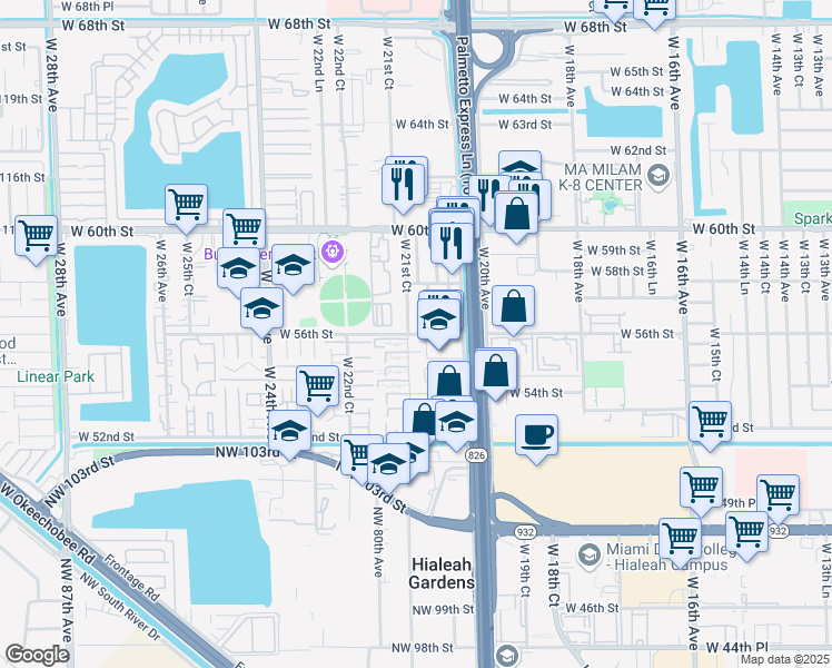 map of restaurants, bars, coffee shops, grocery stores, and more near 5601 West 21st Avenue in Hialeah
