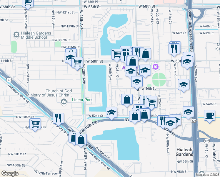 map of restaurants, bars, coffee shops, grocery stores, and more near 204 West 26th Court in Hialeah