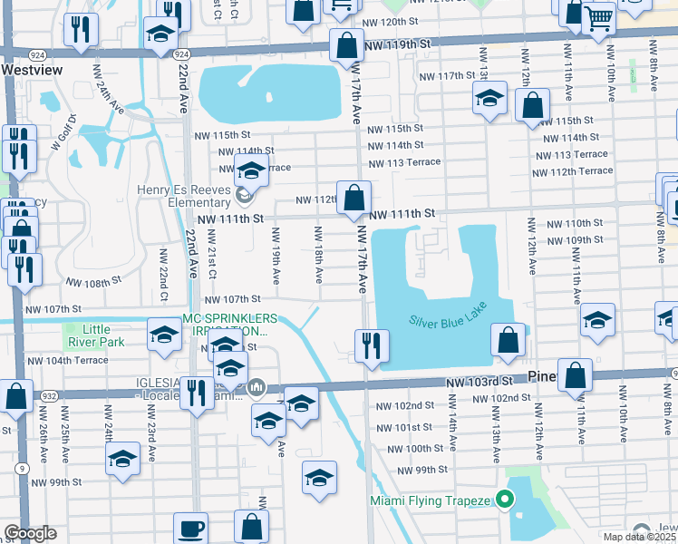 map of restaurants, bars, coffee shops, grocery stores, and more near 1750 NW 109th St in Miami