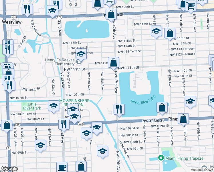 map of restaurants, bars, coffee shops, grocery stores, and more near 1760 Northwest 109th Street in Miami