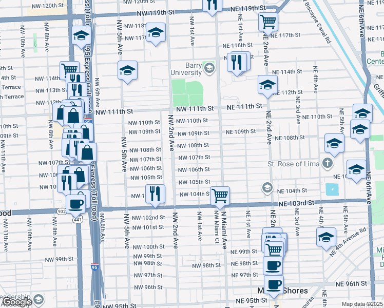 map of restaurants, bars, coffee shops, grocery stores, and more near 113 Northwest 107th Street in Miami Shores