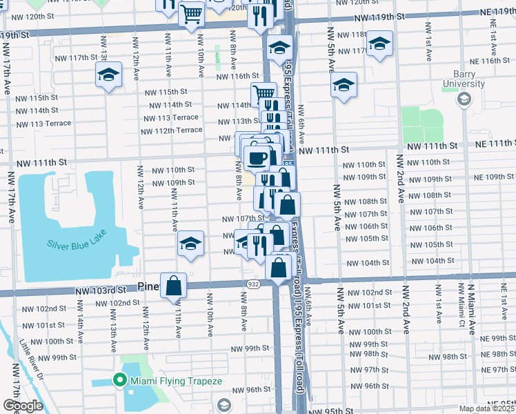 map of restaurants, bars, coffee shops, grocery stores, and more near 734 Northwest 108th Street in Miami