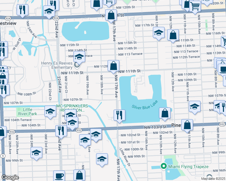 map of restaurants, bars, coffee shops, grocery stores, and more near 1710 Northwest 109th Street in Miami