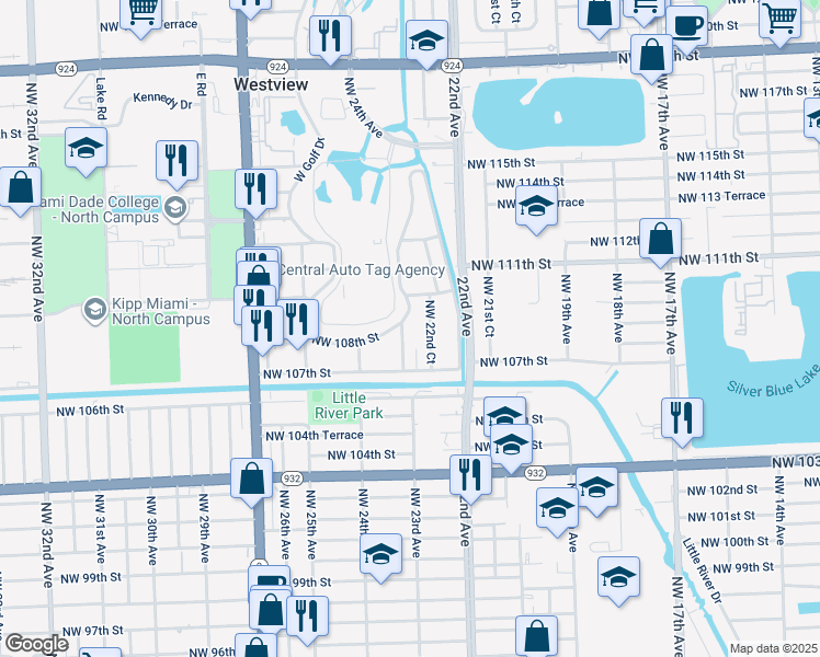 map of restaurants, bars, coffee shops, grocery stores, and more near 10835 NW 23rd Ave in Miami