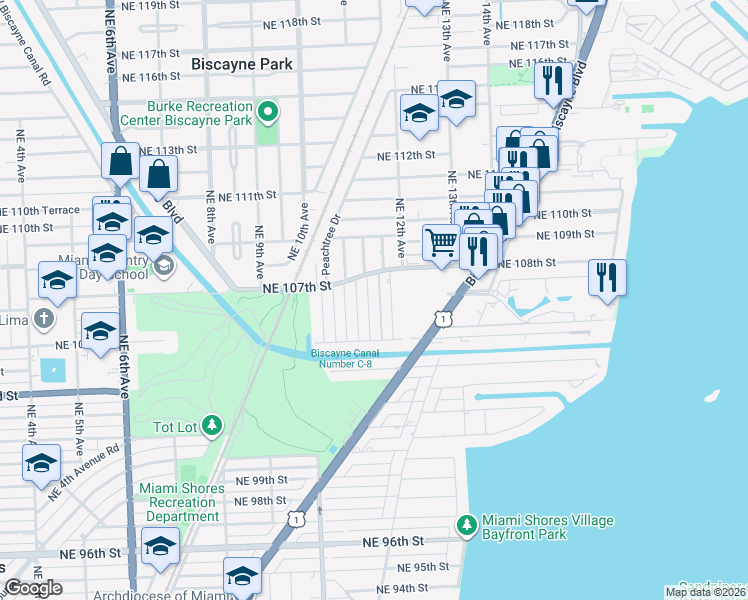 map of restaurants, bars, coffee shops, grocery stores, and more near 10651 Northeast 11th Avenue in Miami Shores