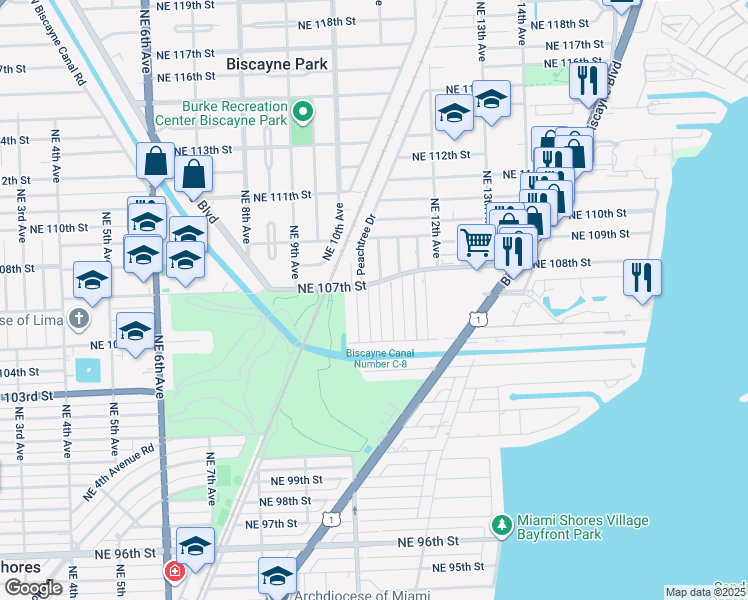 map of restaurants, bars, coffee shops, grocery stores, and more near 10658 Northeast 10th Place in Miami Shores