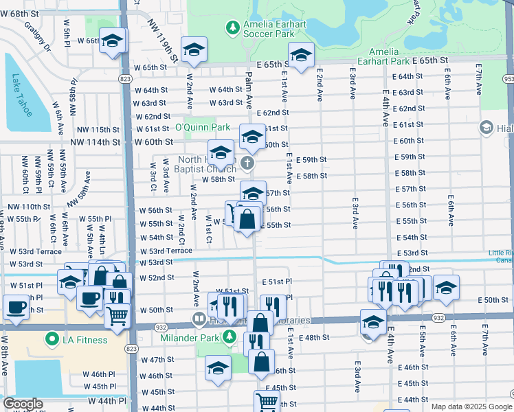 map of restaurants, bars, coffee shops, grocery stores, and more near 5605 Palm Avenue in Hialeah