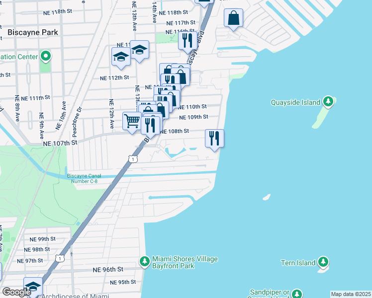 map of restaurants, bars, coffee shops, grocery stores, and more near 3003 Northeast Quayside Terrace in Miami