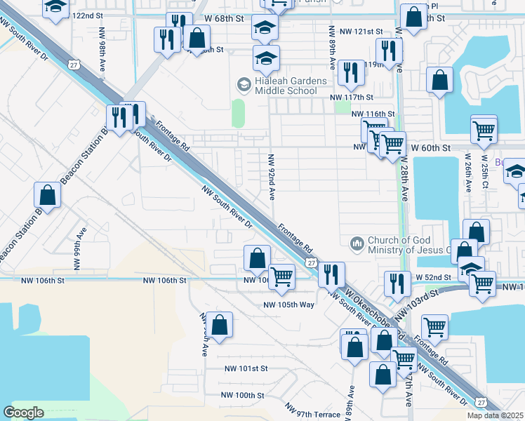 map of restaurants, bars, coffee shops, grocery stores, and more near 10907 Northwest 92nd Avenue in Hialeah Gardens
