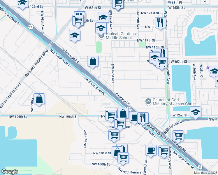 map of restaurants, bars, coffee shops, grocery stores, and more near 10907 Northwest 92nd Avenue in Hialeah Gardens