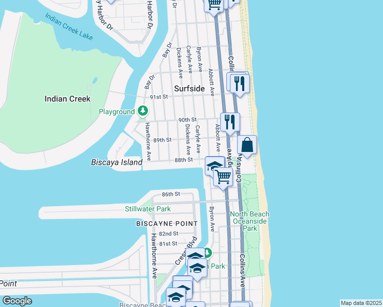 map of restaurants, bars, coffee shops, grocery stores, and more near 8819 Dickens Avenue in Surfside