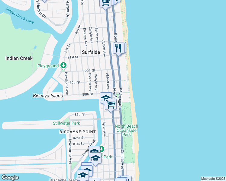 map of restaurants, bars, coffee shops, grocery stores, and more near 8810 Florida A1A in Surfside
