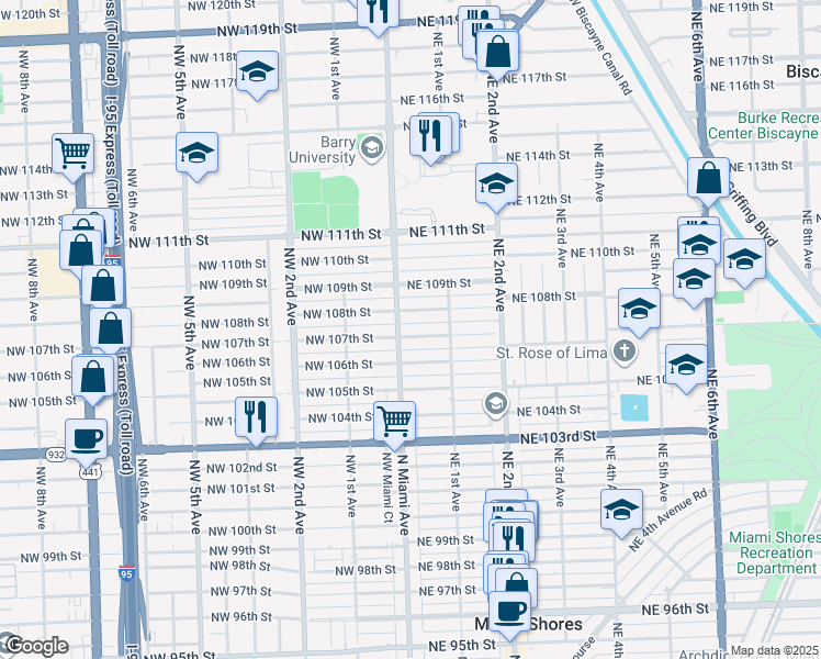 map of restaurants, bars, coffee shops, grocery stores, and more near 17 Northeast 107th Street in Miami