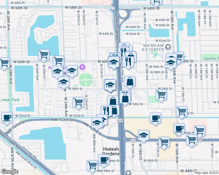 map of restaurants, bars, coffee shops, grocery stores, and more near 5601 West 21st Avenue in Hialeah