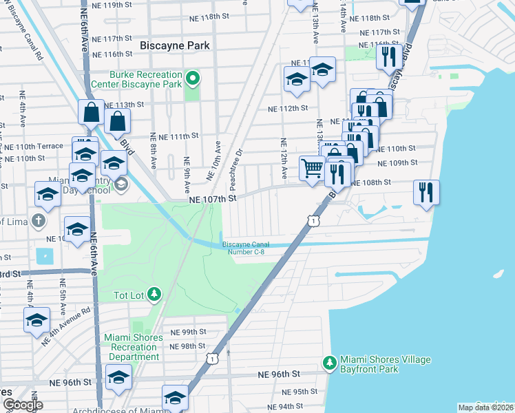 map of restaurants, bars, coffee shops, grocery stores, and more near 10651 Northeast 11th Avenue in Miami Shores