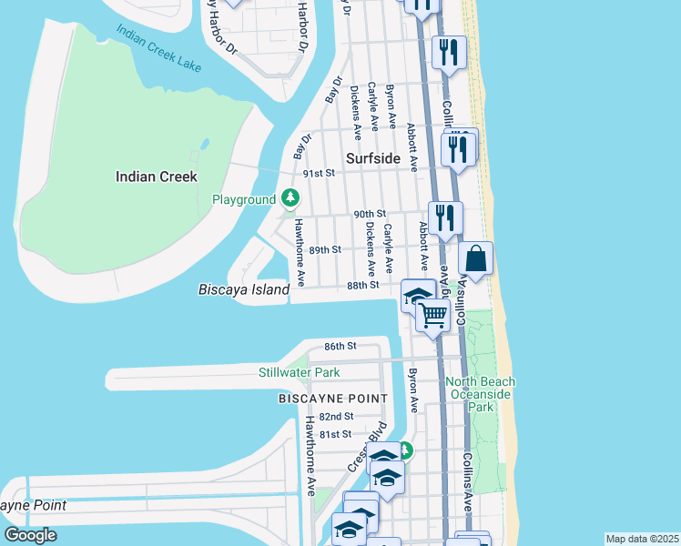 map of restaurants, bars, coffee shops, grocery stores, and more near 8821 Froude Avenue in Surfside